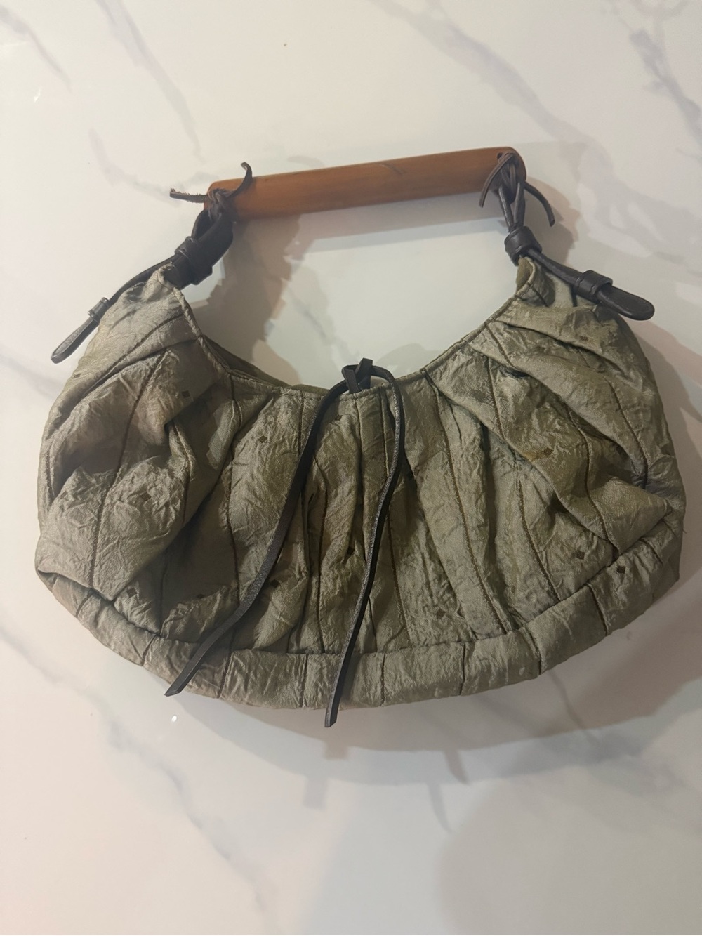 latico Olive Green Pleated Hobo Shoulder Bag with Wooden Handle